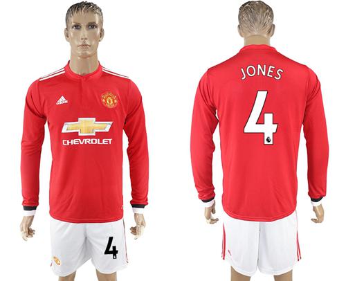 Manchester United #4 Jones Red Home Long Sleeves Soccer Club Jersey